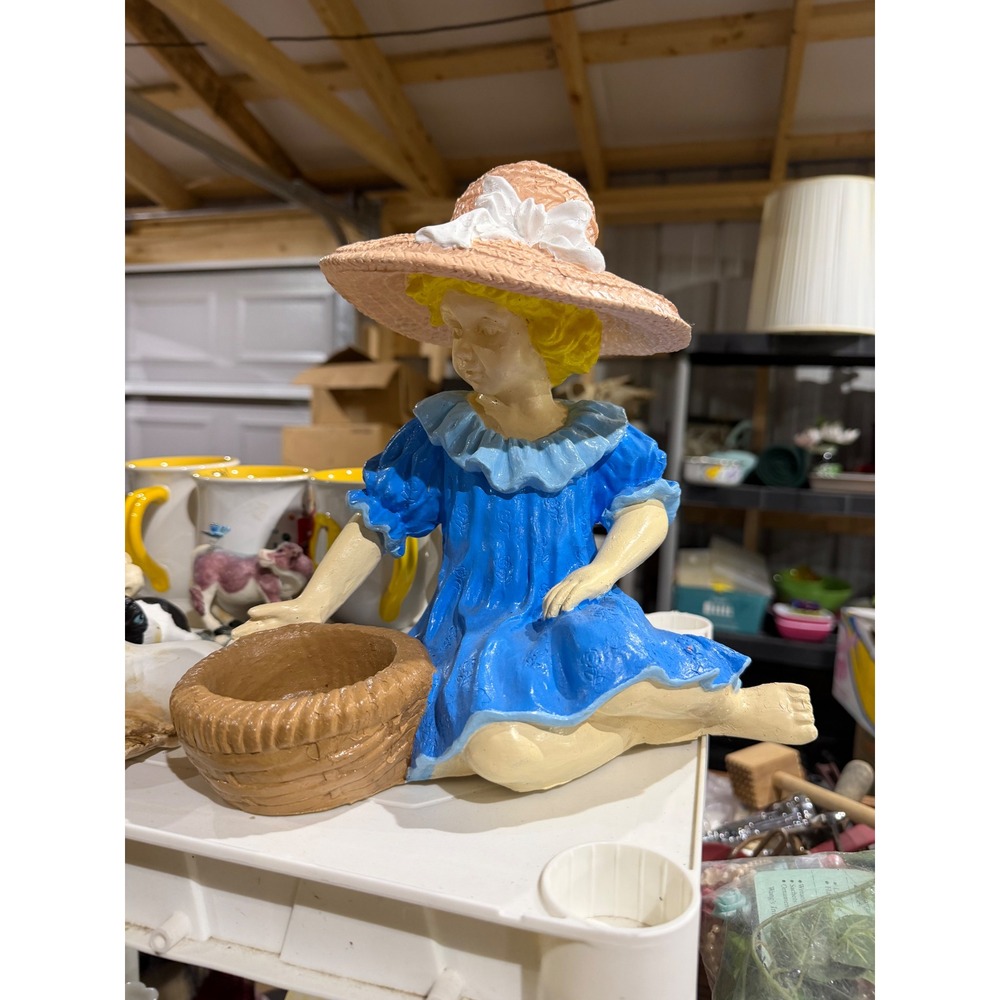 Vintage Ceramic Girl Figure with Basket Planter Blue Dress Sun Hat Garden Decor